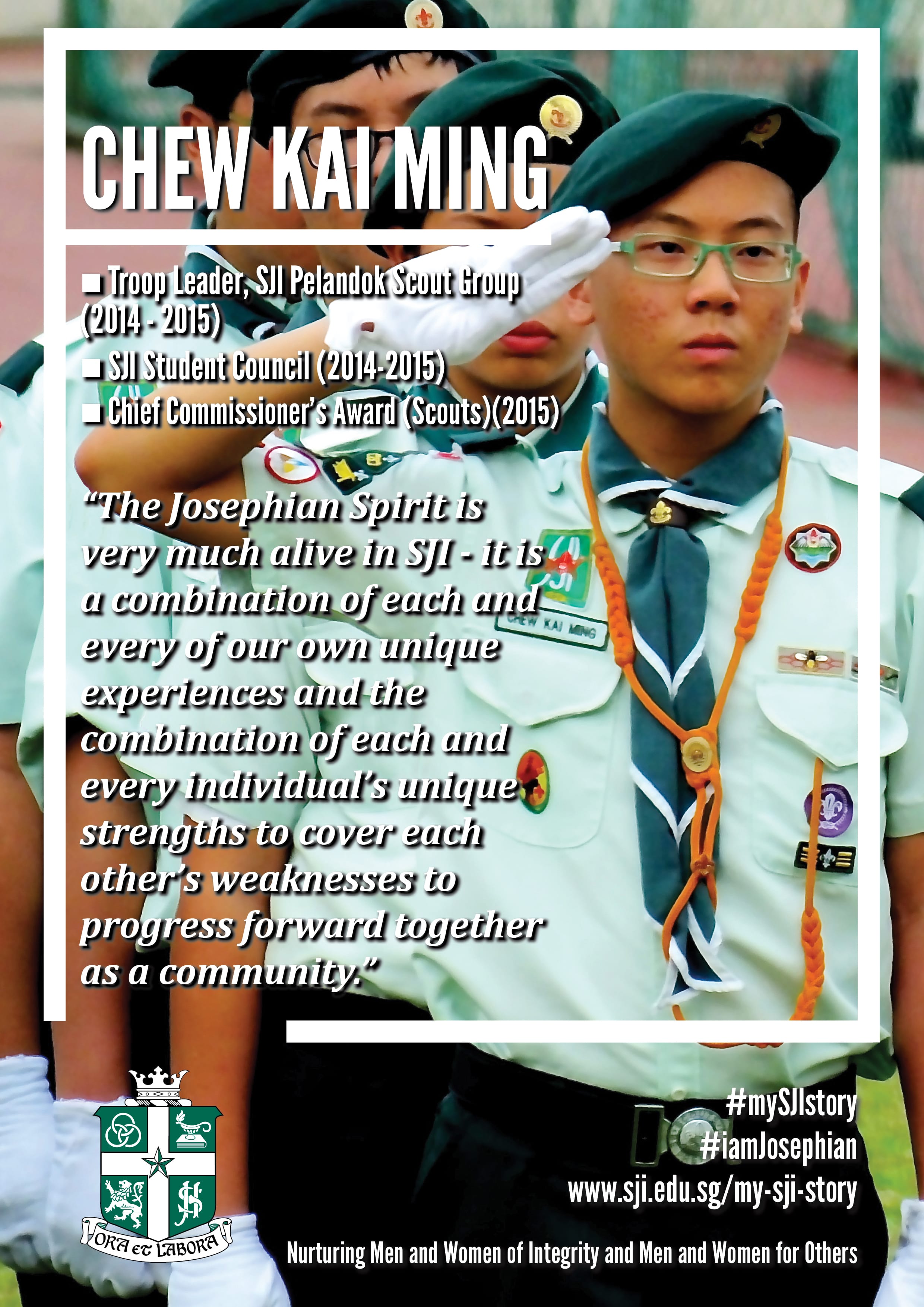 A young male scout in uniform saluting, with text about Chew Kai Ming, SJI Troop Leader and scout achievements.